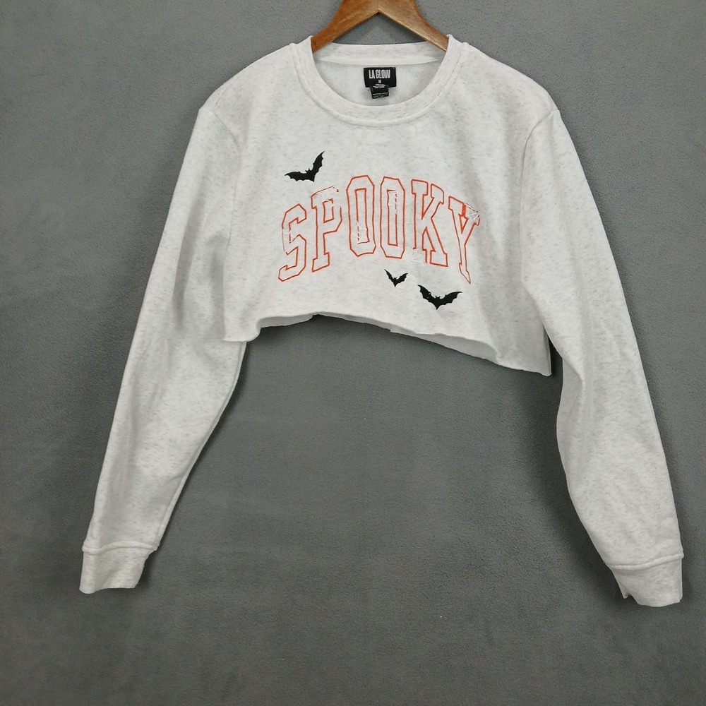 LA Glow Cropped Halloween Sweatshirt Womens Medium White Spooky Fleece Lined